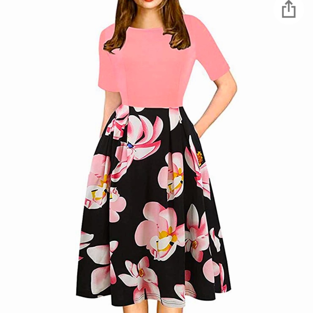 oxiuly Women's Vintage Patchwork Pockets Puffy Swing Casual Party Dress